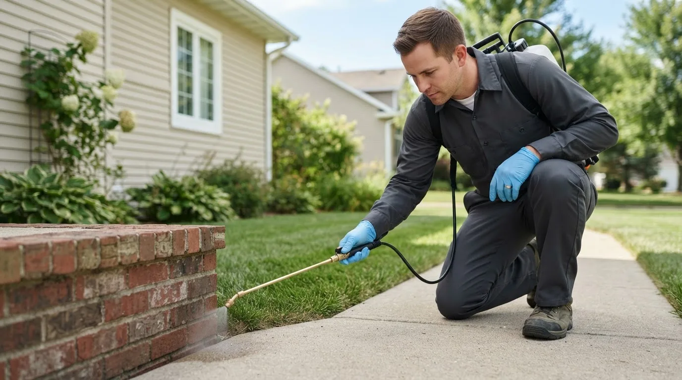 Pest control technician treating a home near Bena, MN